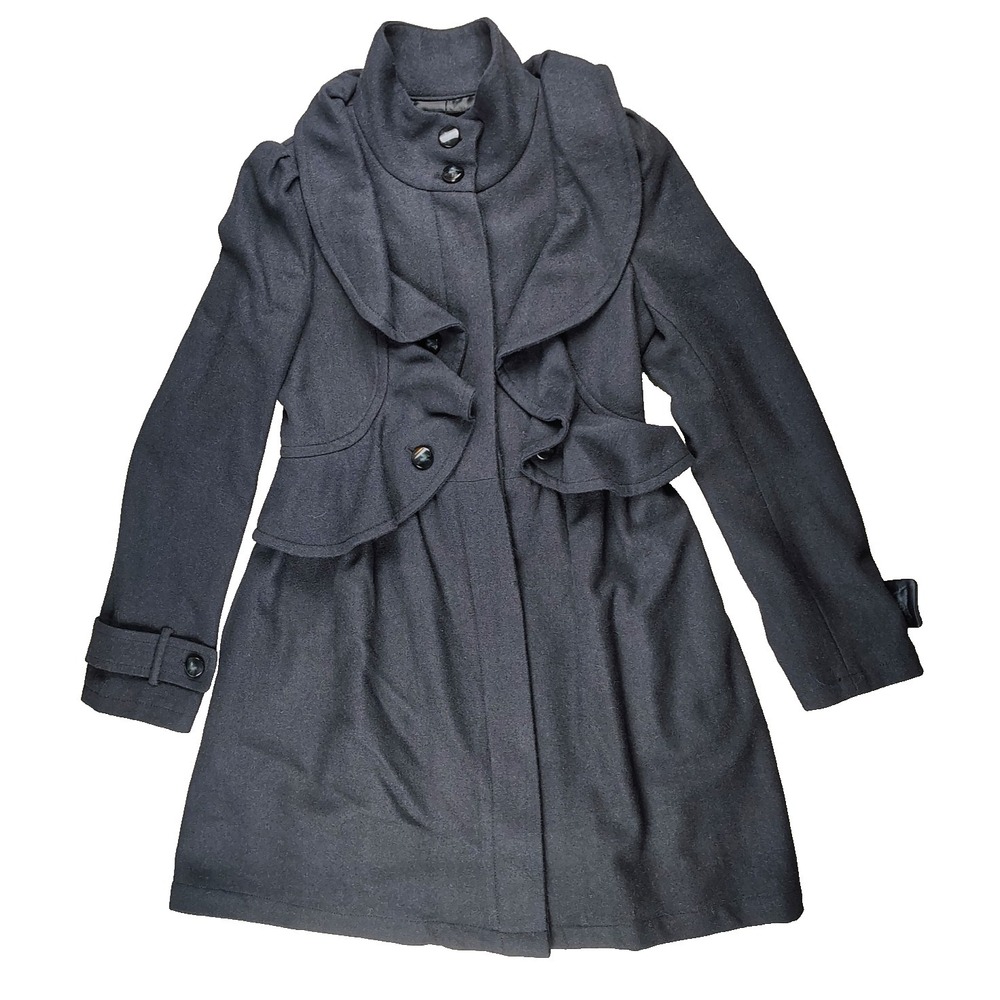 Plastic‎ Island Women's Wool Blend Coat Navy Ruffle Waist Size M 6 Dark Academia
